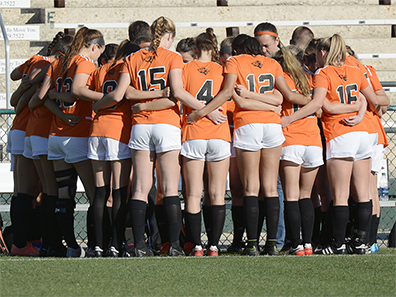 The Oviedo girls soccer team huddles before their state championship match against Boca Raton in DeLand. The Lions would go on to win 3-1.