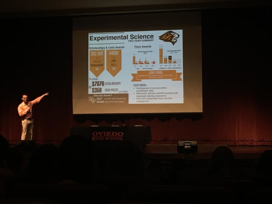 Experimental science teacher William Furiosi introduces the science fair topic of the screening.