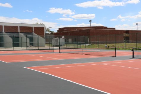 NEW COURTS. The new tennis courts, installed in Oviedo High School colors,
are seen here.