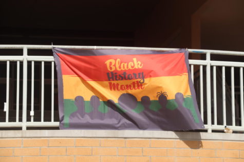 The Black Student Unions banner to celebrate Black History Month around campus.