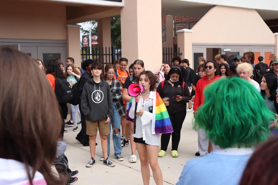 Students gather around to protest against Florida legislation.
