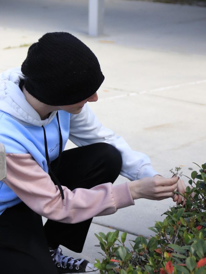 Senior kip LeBlanc picking a pretty flower