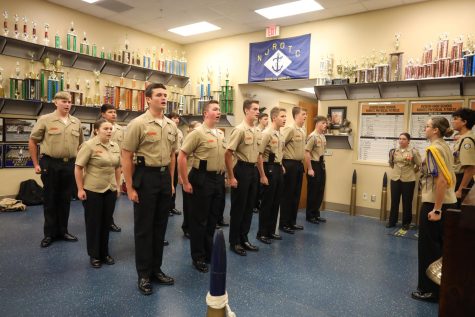 ROTC stands at command, listening to their superiors instructions. Photo by Kaden Bryant.