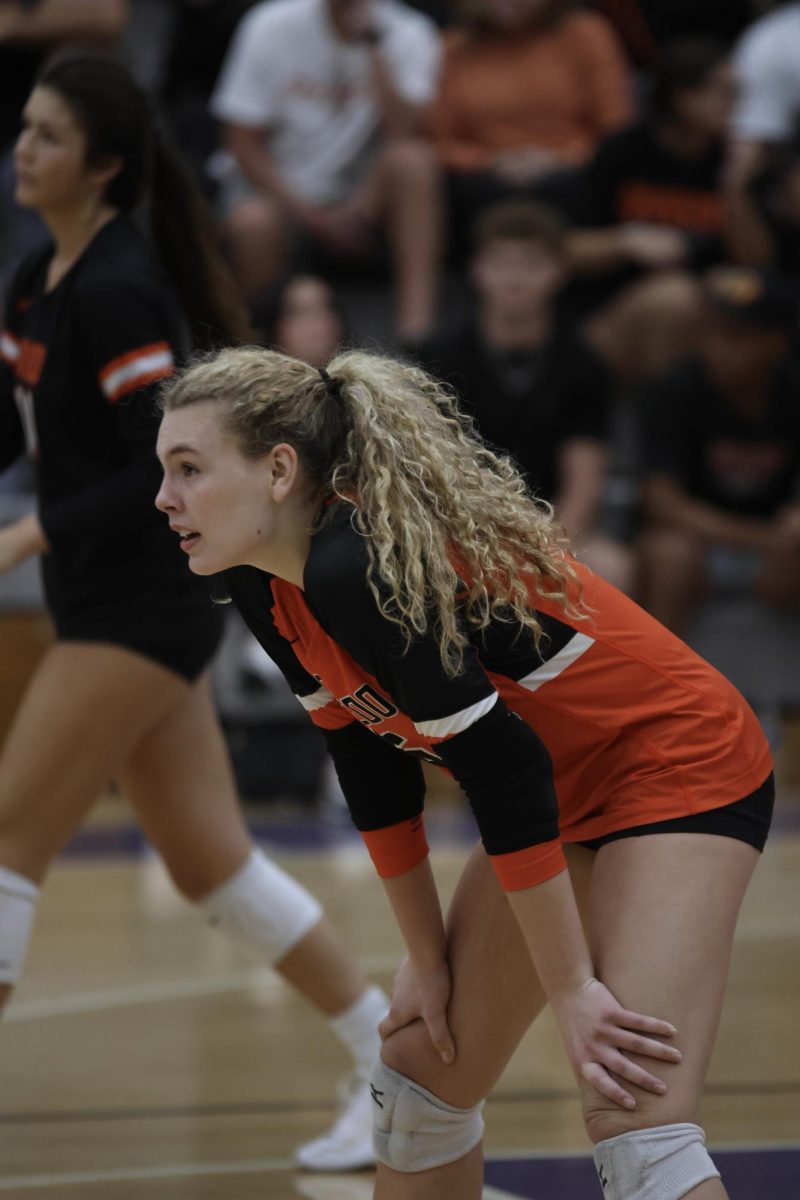 Sophomore libero, Avery Stephens, gets down and ready to receive the serve. The Lions went onto to beat Winter Springs in 4 sets.