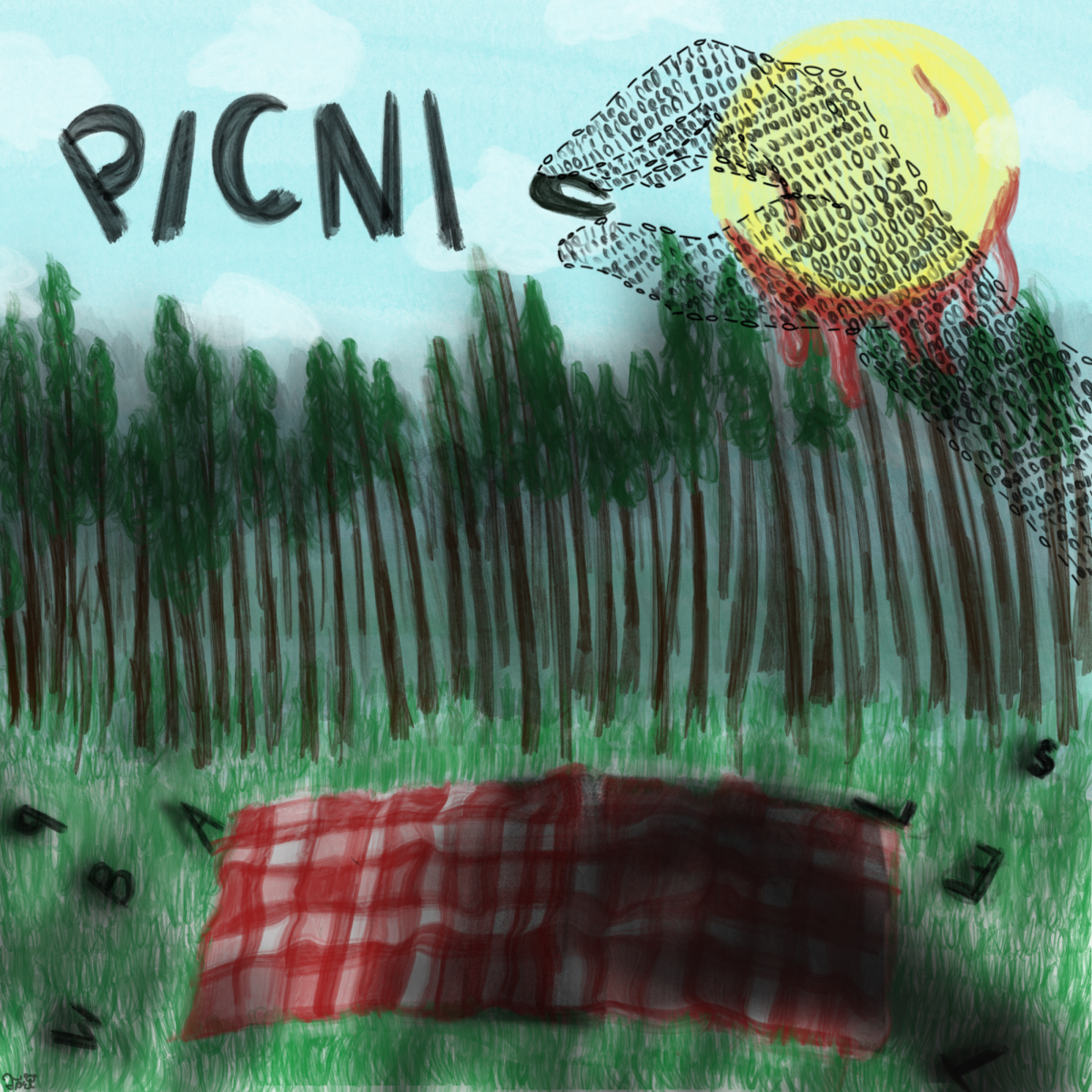 A hand composed of binary code reaches to finish the word picnic. The hand represents how dictating and controlling AI has been, taking over creative aspects of many careers. 