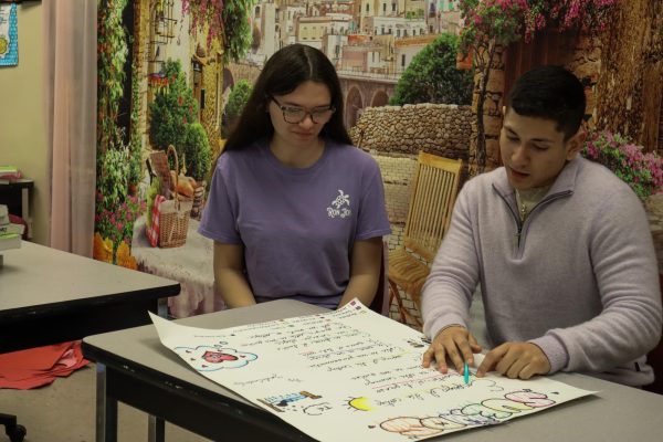 Isabel Sisson and Daniel Castro work together on a Spanish poem during their AP Spanish Literature class. This allows them to expand on their use of the language and enrich their writing capabilities.