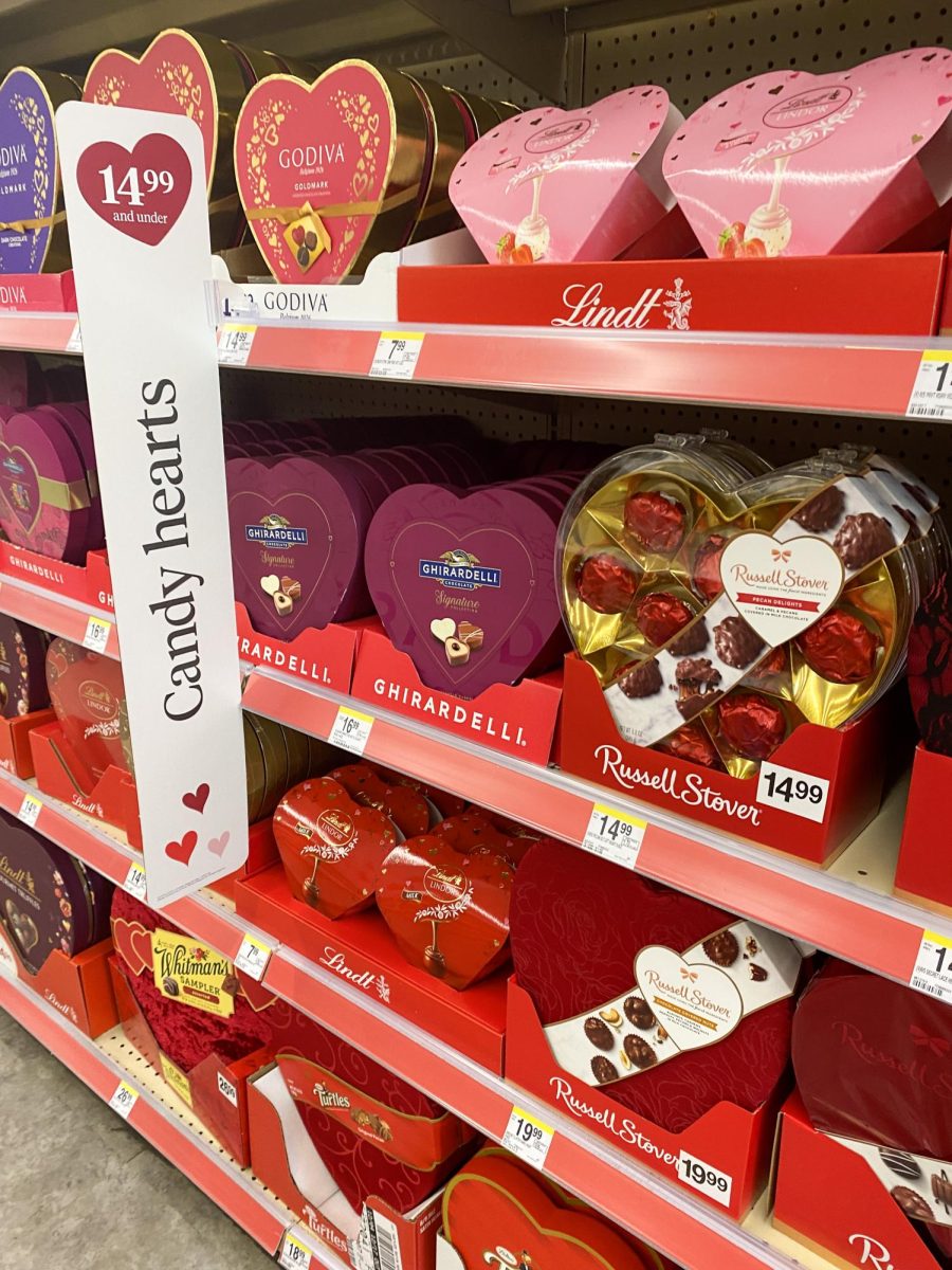 Overpriced Valentines Day gifts line the aisles of every story. Gifts are strategically placed to grab shoppers attention.