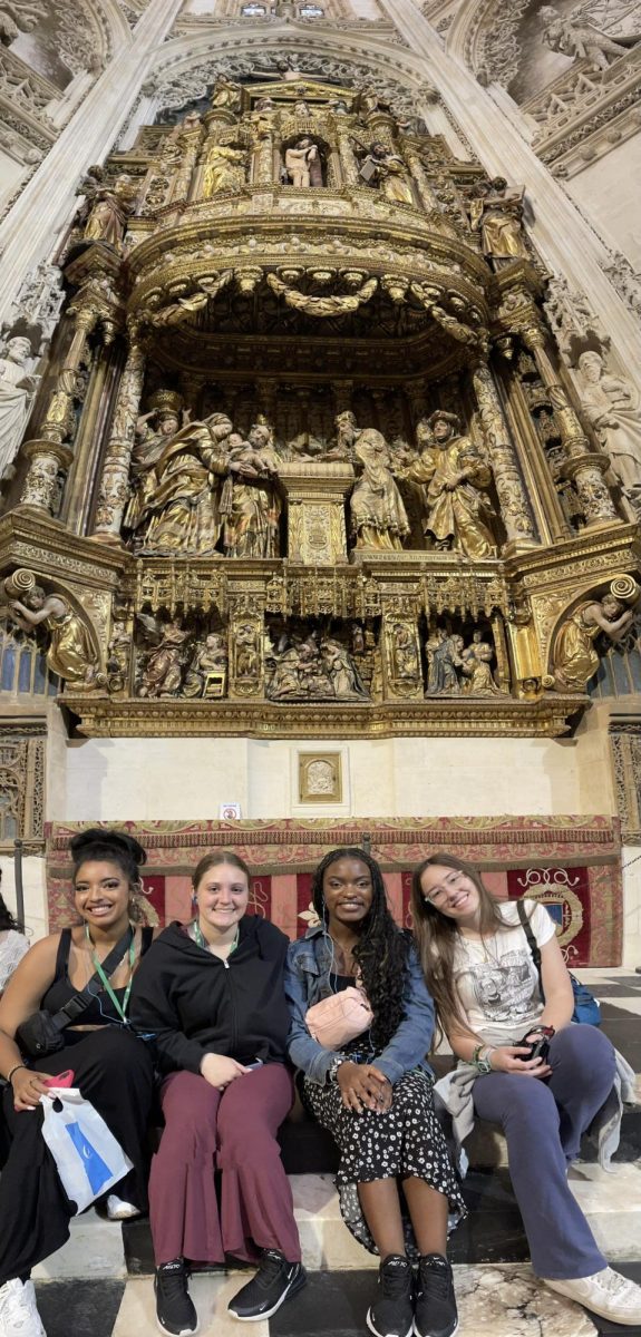 The OHS students who went on the Spanish trip smile under an ornamental wing of the cathedral in Burgos. They enjoy being able to see things that have no equal stateside during their spring break trip. “It was the first time for all of them to be out of the country.”
L-R:  Analisse Oliver, Makenzie Murray, Jeniya Ogelsby, and Peyton Wright, the OHS students who went on the Spanish trip together.
