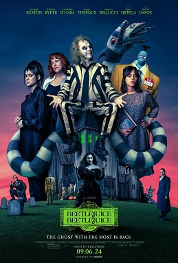 This photo shows Beetlejuice played by Michael Keaten and Lydia Deetz played by Winona Ryder, who are the main characters of the film "Beetlejuice Beetlejuice". The movie expresses some of the similar energy of the first, building on the original. It was more of a recreation, rather than a sequel.