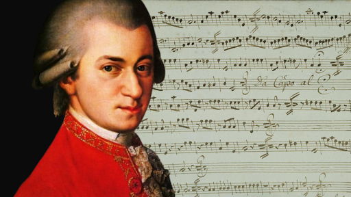 The manuscript of Wolfgang Amadeus Mozart's new piece stands behind a famous 19th century portrait of the wild, and jovial composer. The work demonstrates his fervor and talent in music, between its dance-like tune and uplifting beat. While it is not quite as grand or recognizable as other pieces by the famed composer, it is still remarkably beautiful.