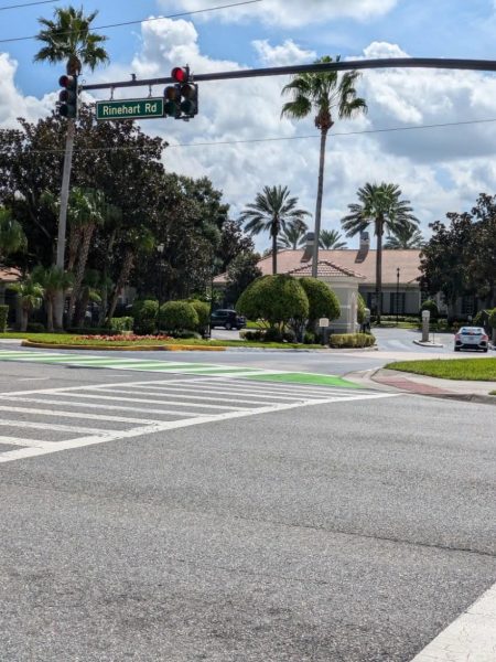 An example of the green crosswalks on Rinehart road. This is the first of many that will be constructed.