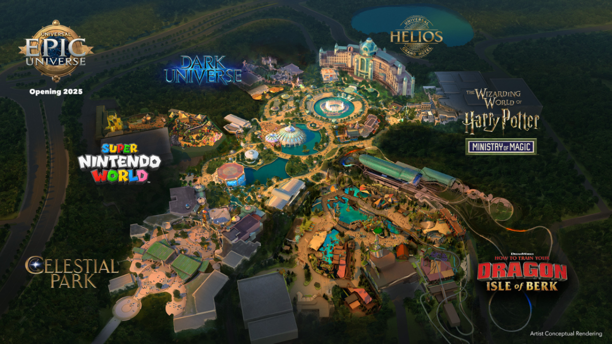Concept art of the new Universal Studios Orlando theme park Universal Epic Universe shows the five lands available for park guests to explore, as well as the Helios Grand Hotel which serves as a centerpiece to the park. Clearly depicted in the image are the various roller coasters and other structures found in the park, as well as the bright and colorful overall appearance.
Photo Credit: Universal Destinations & Experiences

