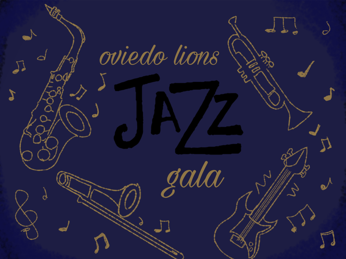 A graphic showing various jazz instruments such as the saxophone, trombone, trumpet, and bass guitar.