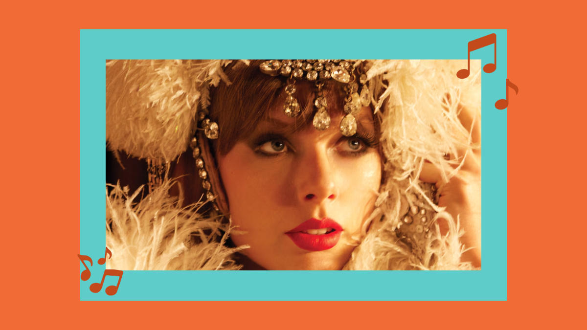 Swift stuns in a sparkly feathered showgirl outfit, a visual representation of the concept of the album. (image credit to Republic Records) (Graphic credit to Callie Sini)