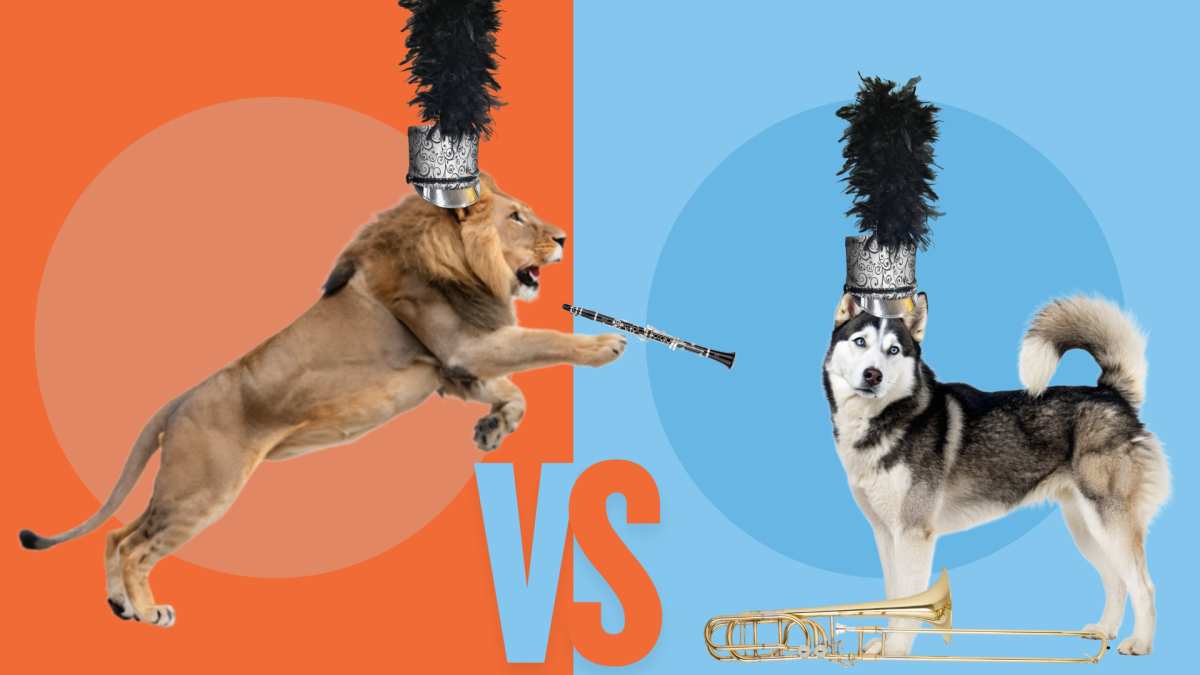 An Oviedo lion lunges towards the Hagerty husky, clarinet and trombone in hand.  