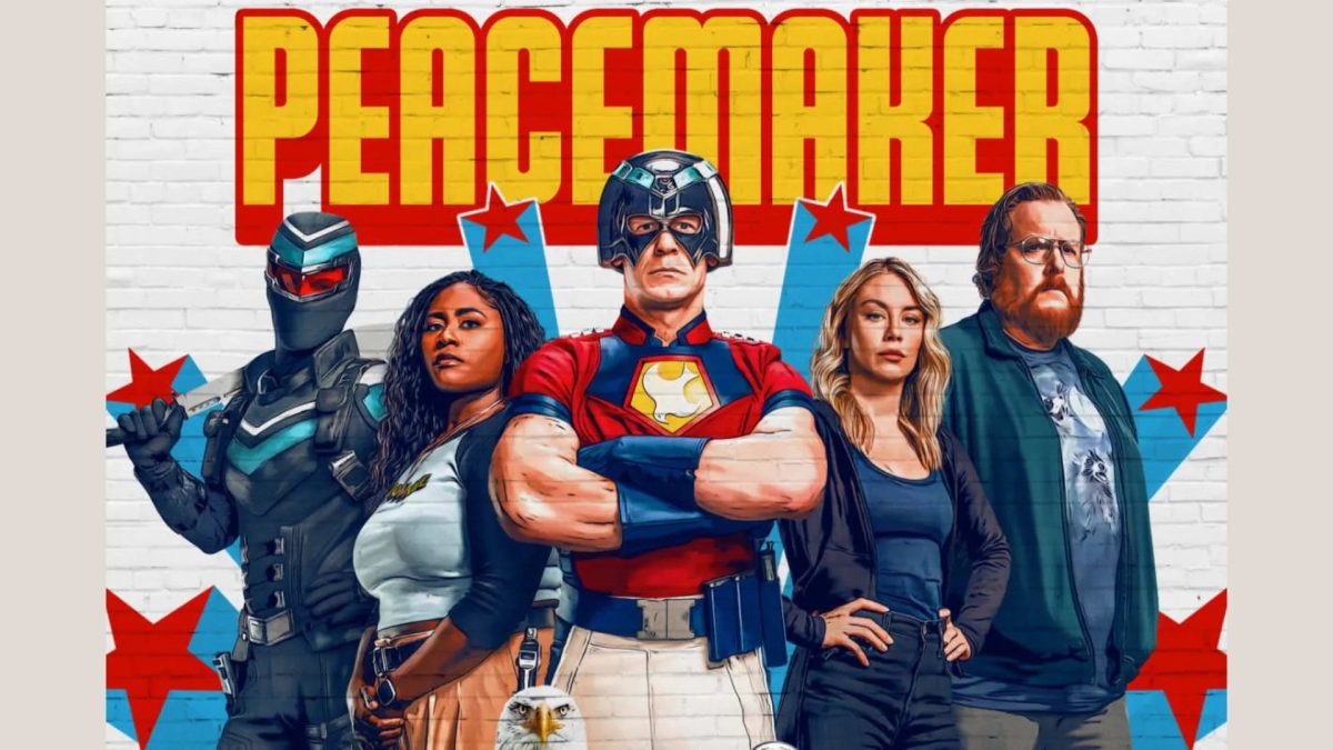 A promotional poster for 'Peacemaker's second season, featuring the five main cast, with John Cena as the title character taking center stage.