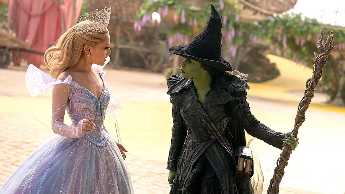 Glinda (Ariana Grande) and Elphaba (Cynthia Erivo) at odds with each other during a crucial scene. Image courtesy of Universal Pictures.