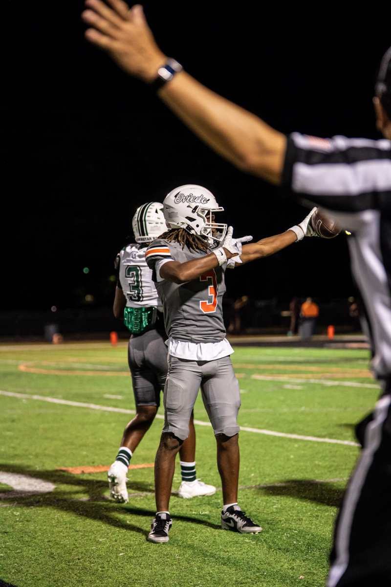 Wide receiver Carmari Solomon (junior) celebrates a successful first down against another team.