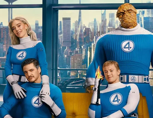 On the poster for "The Fantastic Four: First Steps," Sue Storm (Vanessa Kirby) and Ben Grimm (Ebon Moss-Bachrach), aka the Thing, stand behind Reed Richards (Pedro Pascal) and Johnny Storm (Joseph Quinn). Image courtesy of Walt Disney Studios Motion Pictures.