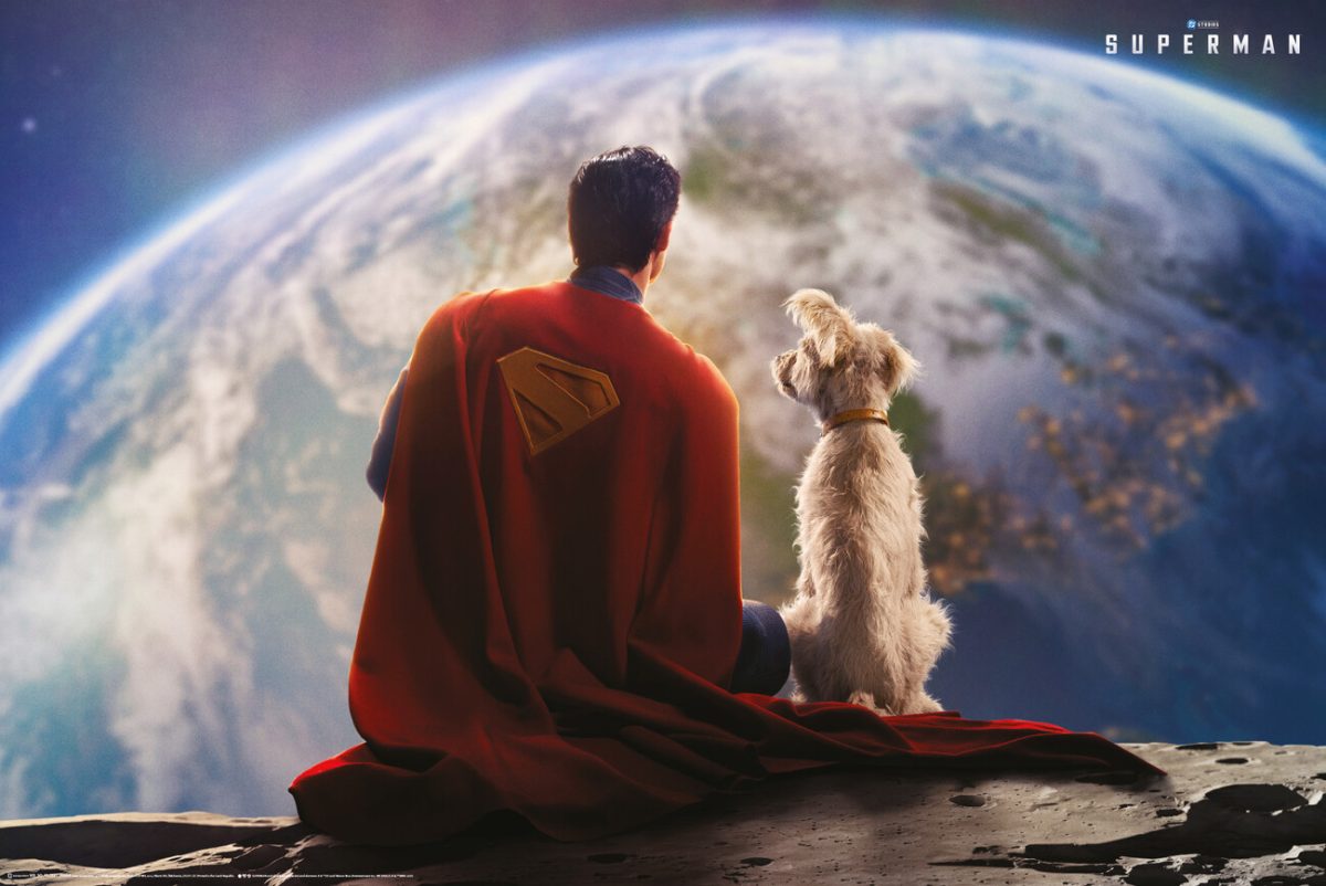 On the poster for "Superman" (2025), Superman (David Corenswet) sits on the moon with his dog Krypto, looking out on the Earth. Image courtesy of Warner Bros.
