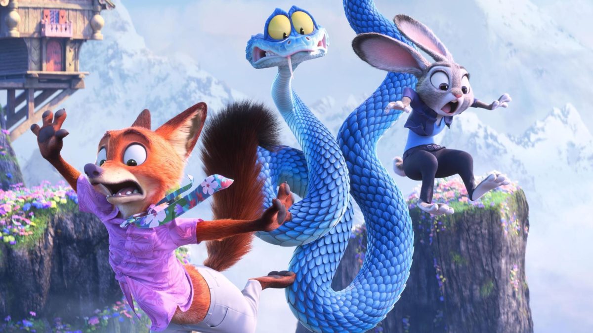 Nick Wilde (voiced by Jason Bateman), Gary De'Snake (voiced by Ke Huy Quan) and Judy Hopps (voiced by Ginnifer Goodwin) fall from a high mountain in "Zootopia 2." Image courtesy of Walt Disney Studios Motion Pictures.