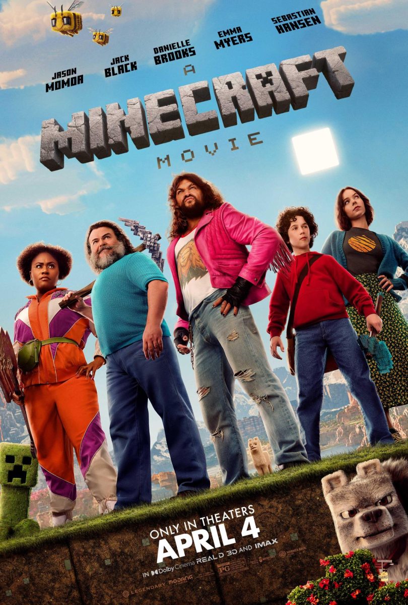 The poster for "A Minecraft Movie," showing Danielle Brooks as Dawn, Jack Black as Steve, Jason Momoa as Garett, Sebastian Eugene Hansen as Henry, and  Emma Myers as Natalie. Image courtesy of Warner Bros.