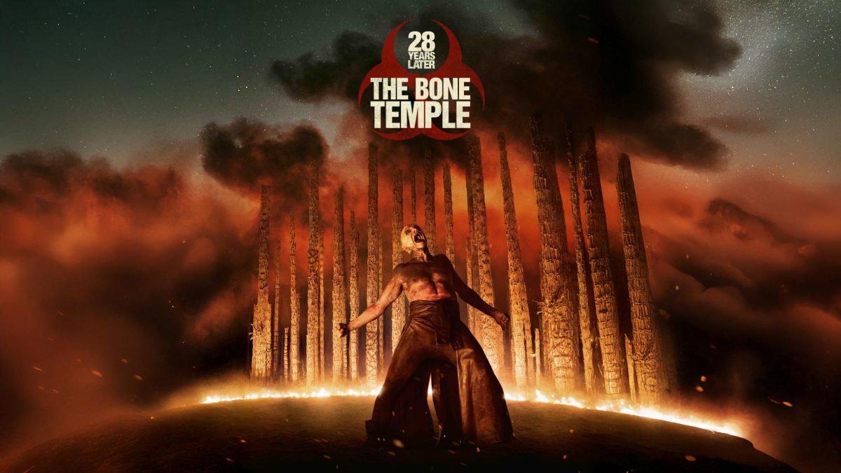 The poster for "28 Years Later: The Bone Temple" shows protagonist Dr. Ian Kelson (Ralph Fiennes) at the film's most energetic and climactic moment. Image courtesy of Sony Pictures.
