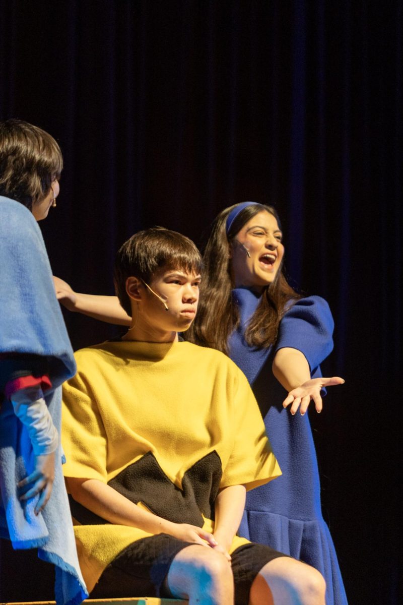 Lucy van Pelt (Emma Bremer, 12) shows her brother Linus (Nicky LaGuardia, 12) how Charlie Brown (Aiden Tesinsky, 12) is a perfect example of a "failure face."