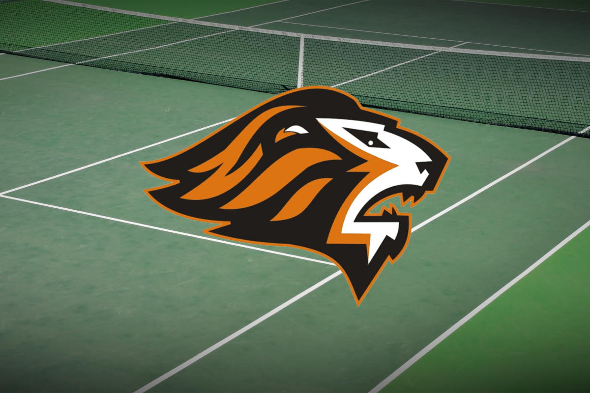 In front of a tennis court photgraph is the Oviedo High mascot design. Logo courtesy of clipartmax.com
