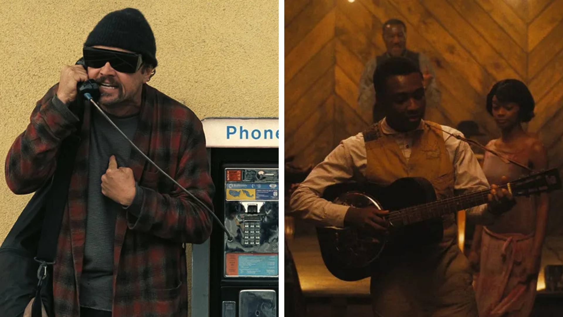 Leonardo DiCaprio as Bob Ferguson in "One Battle After Another" and Miles Caton as Sammie Moore in "Sinners." Images courtesy of Warner Bros.
