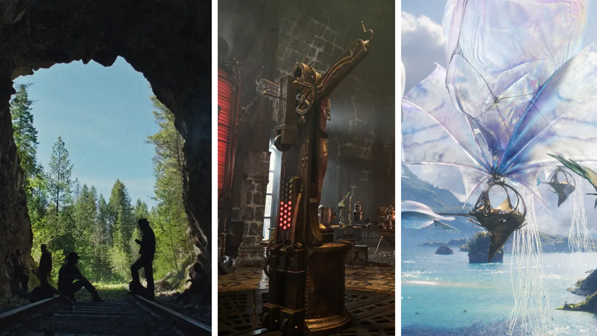 The superb cinematography of "Train Dreams," the stellar production design of "Frankenstein," and the sublime visual effects of "Avatar: Fire and Ash" on display. Images courtesy of Netflix and Disney.