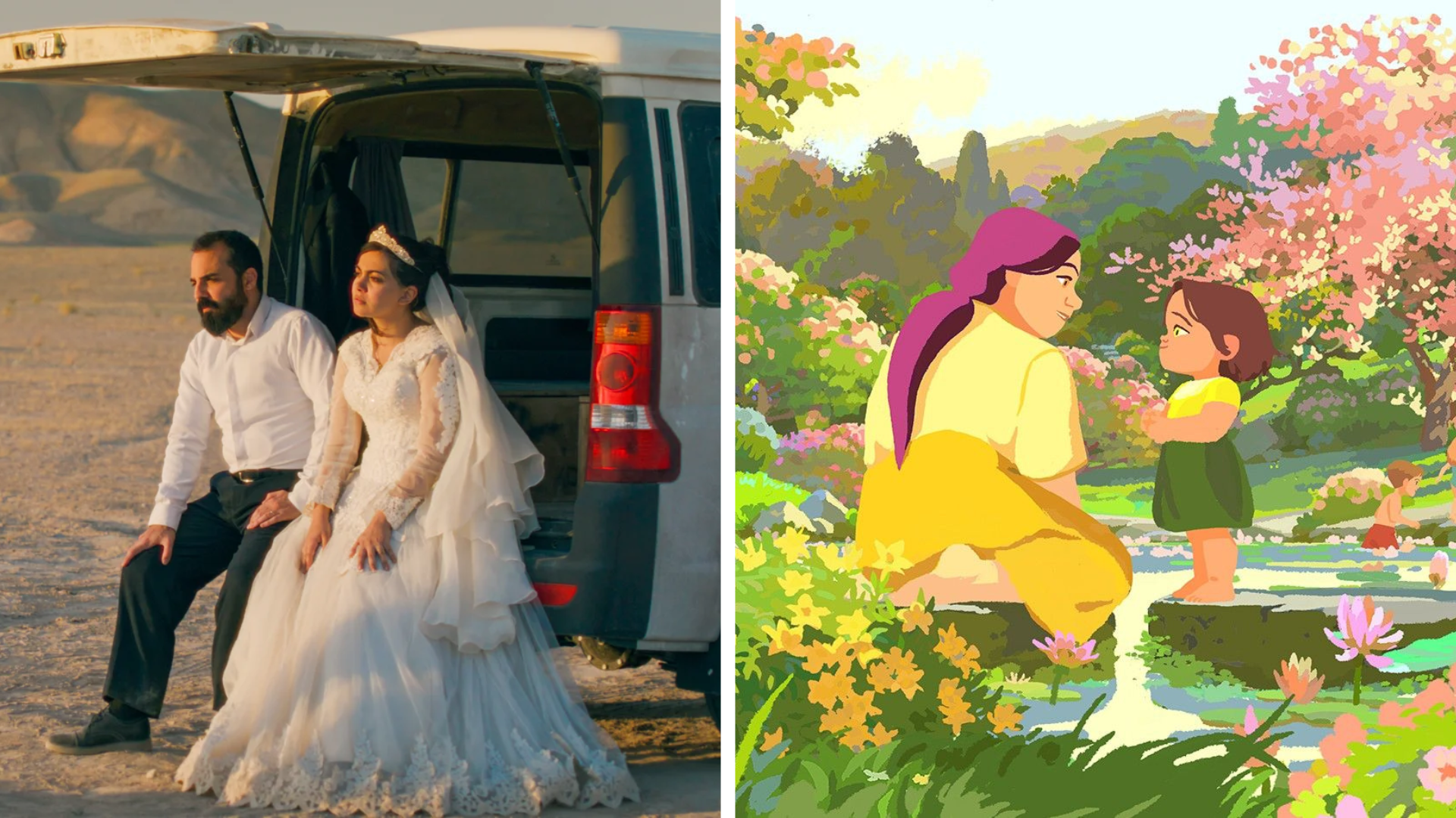 Majid Panahi as Ali and Hadis Pakbaten as Goli in "It Was Just an Accident," and Nishio-san and Amélie in "Little Amélie or the Character of Rain." Images courtesy of NEON and GKids.