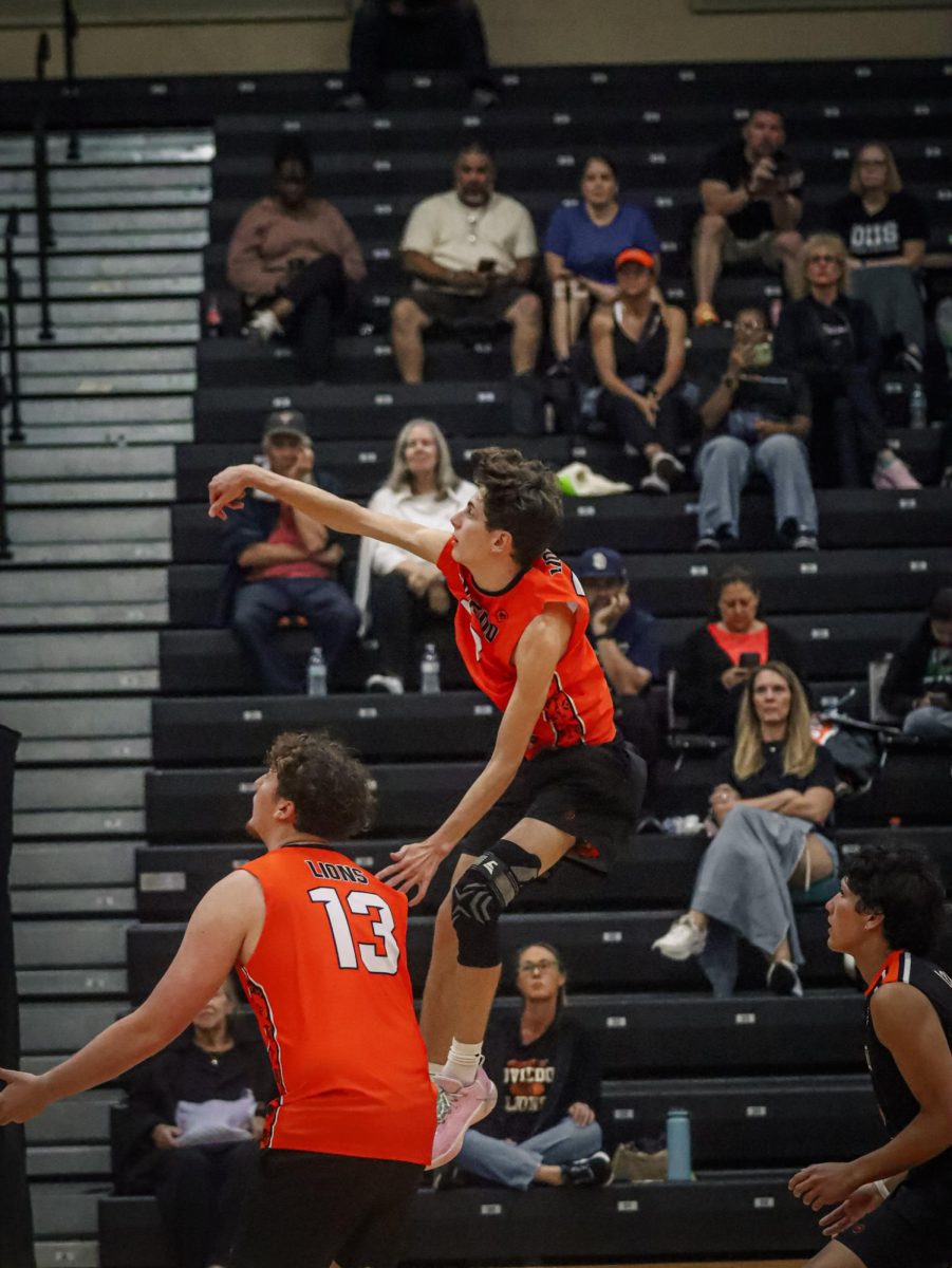 Junior Jake Landowski (#9) reaches up next to senior captain Christian Schmidt (#13), straining to get the ball back over the net.